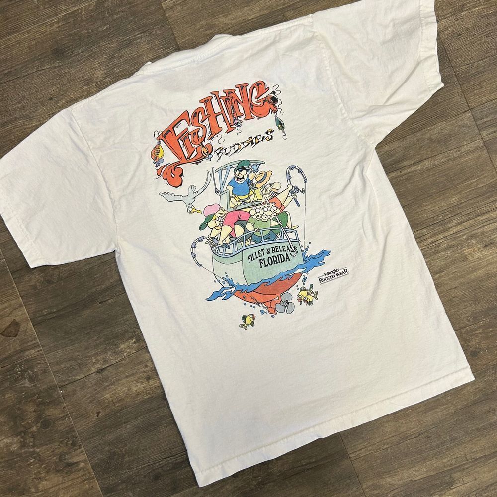Vintage Wrangler Rugged Wear Tshirt‎ Fishing Buddies Pocket Tee Men Size Medium